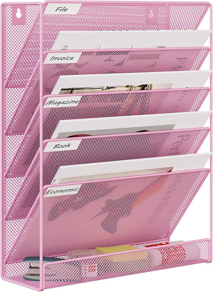 5 Tier Wall File Holder, Mesh Hanging Folder Organizer with Classify Label, Versatile Desk File Holder, Vertical Wall Mounted Mail Organizer for Office Home Cubicle, Black