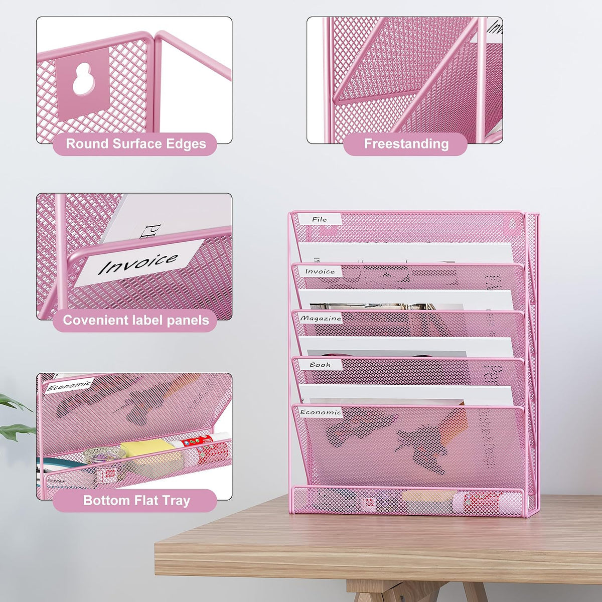 5 Tier Wall File Holder, Mesh Hanging Folder Organizer with Classify Label, Versatile Desk File Holder, Vertical Wall Mounted Mail Organizer for Office Home Cubicle, Black