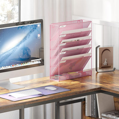 5 Tier Wall File Holder, Mesh Hanging Folder Organizer with Classify Label, Versatile Desk File Holder, Vertical Wall Mounted Mail Organizer for Office Home Cubicle, Black