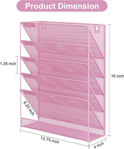 5 Tier Wall File Holder, Mesh Hanging Folder Organizer with Classify Label, Versatile Desk File Holder, Vertical Wall Mounted Mail Organizer for Office Home Cubicle, Black