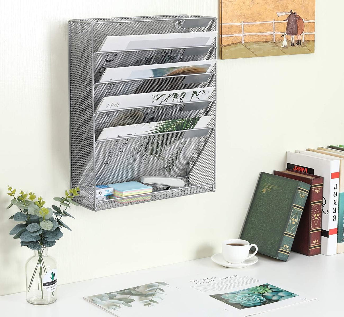 5 Tier Wall File Holder, Mesh Hanging Folder Organizer with Classify Label, Versatile Desk File Holder, Vertical Wall Mounted Mail Organizer for Office Home Cubicle, Black