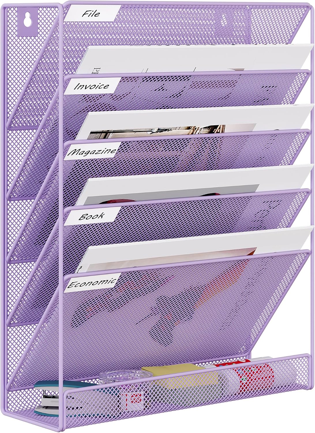 5 Tier Wall File Holder, Mesh Hanging Folder Organizer with Classify Label, Versatile Desk File Holder, Vertical Wall Mounted Mail Organizer for Office Home Cubicle, Black