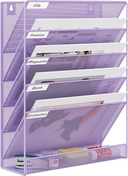 5 Tier Wall File Holder, Mesh Hanging Folder Organizer with Classify Label, Versatile Desk File Holder, Vertical Wall Mounted Mail Organizer for Office Home Cubicle, Black