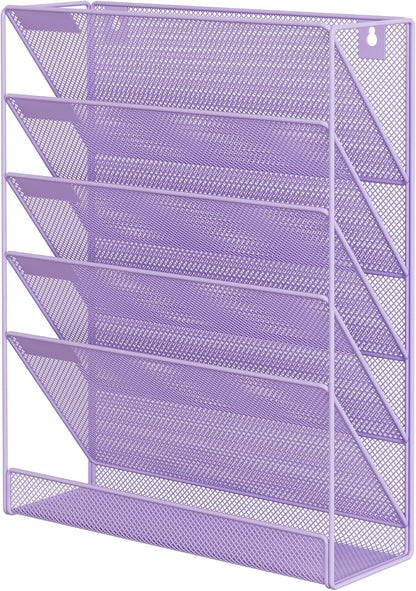 5 Tier Wall File Holder, Mesh Hanging Folder Organizer with Classify Label, Versatile Desk File Holder, Vertical Wall Mounted Mail Organizer for Office Home Cubicle, Black