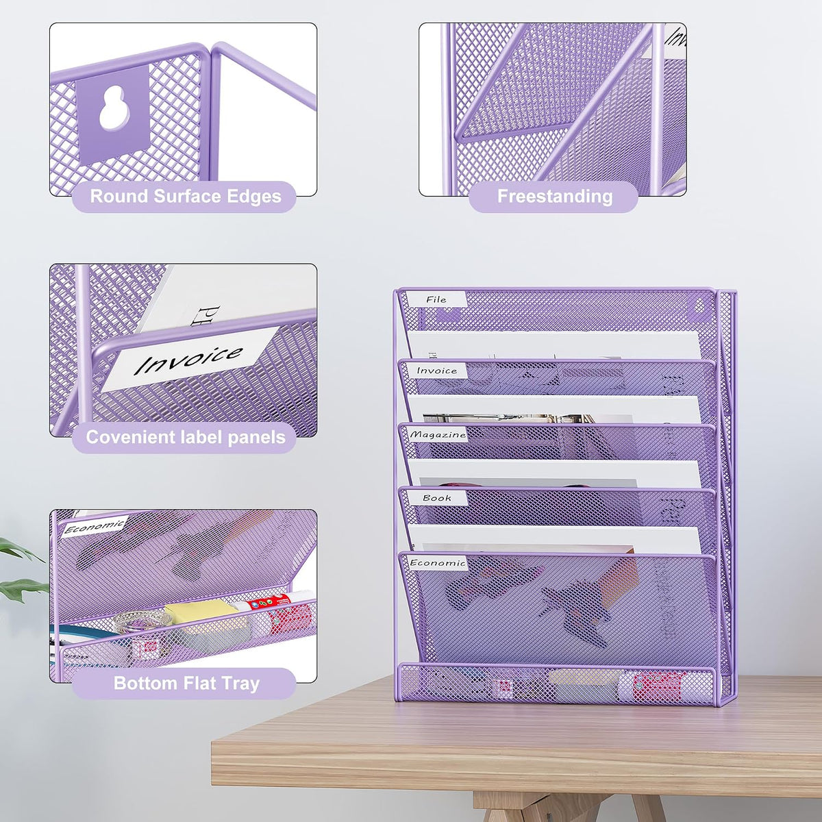 5 Tier Wall File Holder, Mesh Hanging Folder Organizer with Classify Label, Versatile Desk File Holder, Vertical Wall Mounted Mail Organizer for Office Home Cubicle, Black