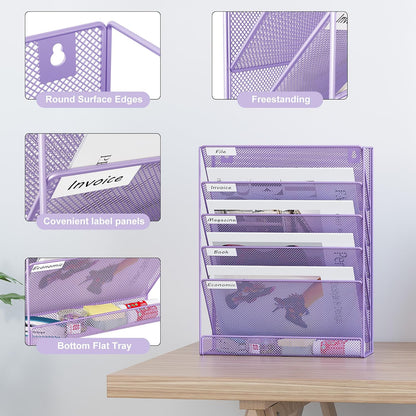 5 Tier Wall File Holder, Mesh Hanging Folder Organizer with Classify Label, Versatile Desk File Holder, Vertical Wall Mounted Mail Organizer for Office Home Cubicle, Black
