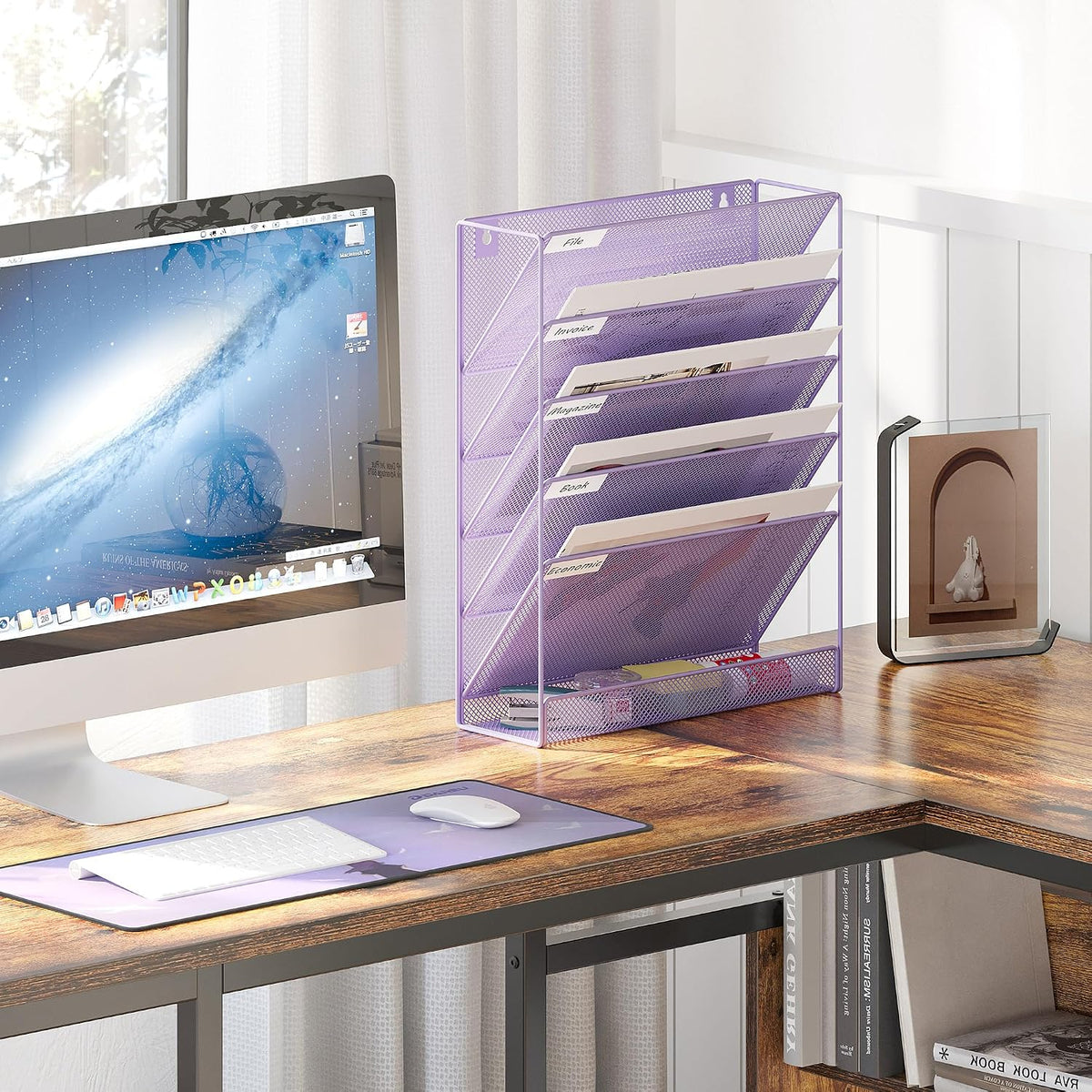 5 Tier Wall File Holder, Mesh Hanging Folder Organizer with Classify Label, Versatile Desk File Holder, Vertical Wall Mounted Mail Organizer for Office Home Cubicle, Black