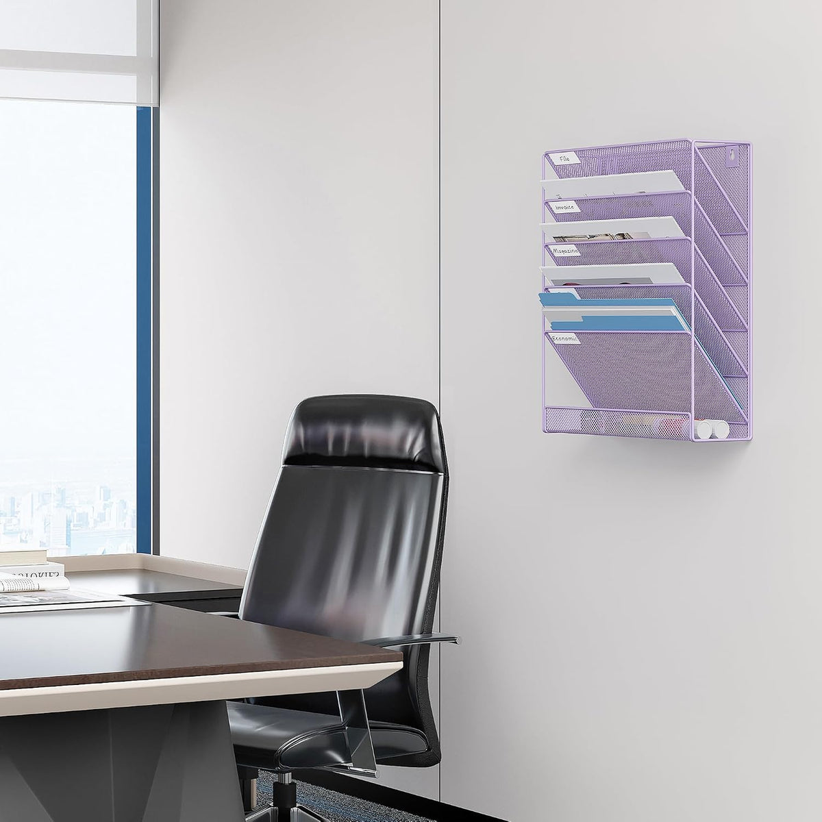 5 Tier Wall File Holder, Mesh Hanging Folder Organizer with Classify Label, Versatile Desk File Holder, Vertical Wall Mounted Mail Organizer for Office Home Cubicle, Black