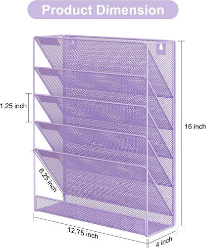 5 Tier Wall File Holder, Mesh Hanging Folder Organizer with Classify Label, Versatile Desk File Holder, Vertical Wall Mounted Mail Organizer for Office Home Cubicle, Black