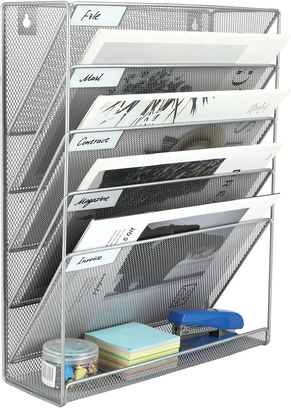 5 Tier Wall File Holder, Mesh Hanging Folder Organizer with Classify Label, Versatile Desk File Holder, Vertical Wall Mounted Mail Organizer for Office Home Cubicle, Black