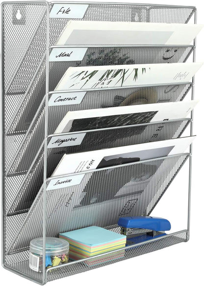 5 Tier Wall File Holder, Mesh Hanging Folder Organizer with Classify Label, Versatile Desk File Holder, Vertical Wall Mounted Mail Organizer for Office Home Cubicle, Black