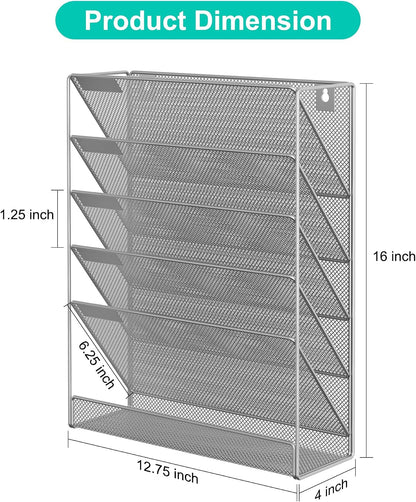 5 Tier Wall File Holder, Mesh Hanging Folder Organizer with Classify Label, Versatile Desk File Holder, Vertical Wall Mounted Mail Organizer for Office Home Cubicle, Black