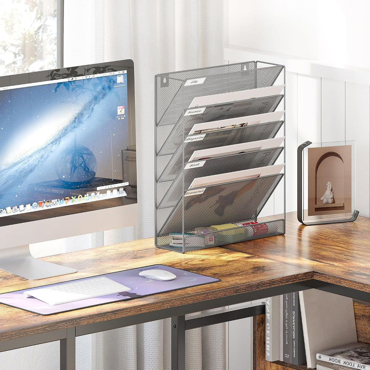 5 Tier Wall File Holder, Mesh Hanging Folder Organizer with Classify Label, Versatile Desk File Holder, Vertical Wall Mounted Mail Organizer for Office Home Cubicle, Black