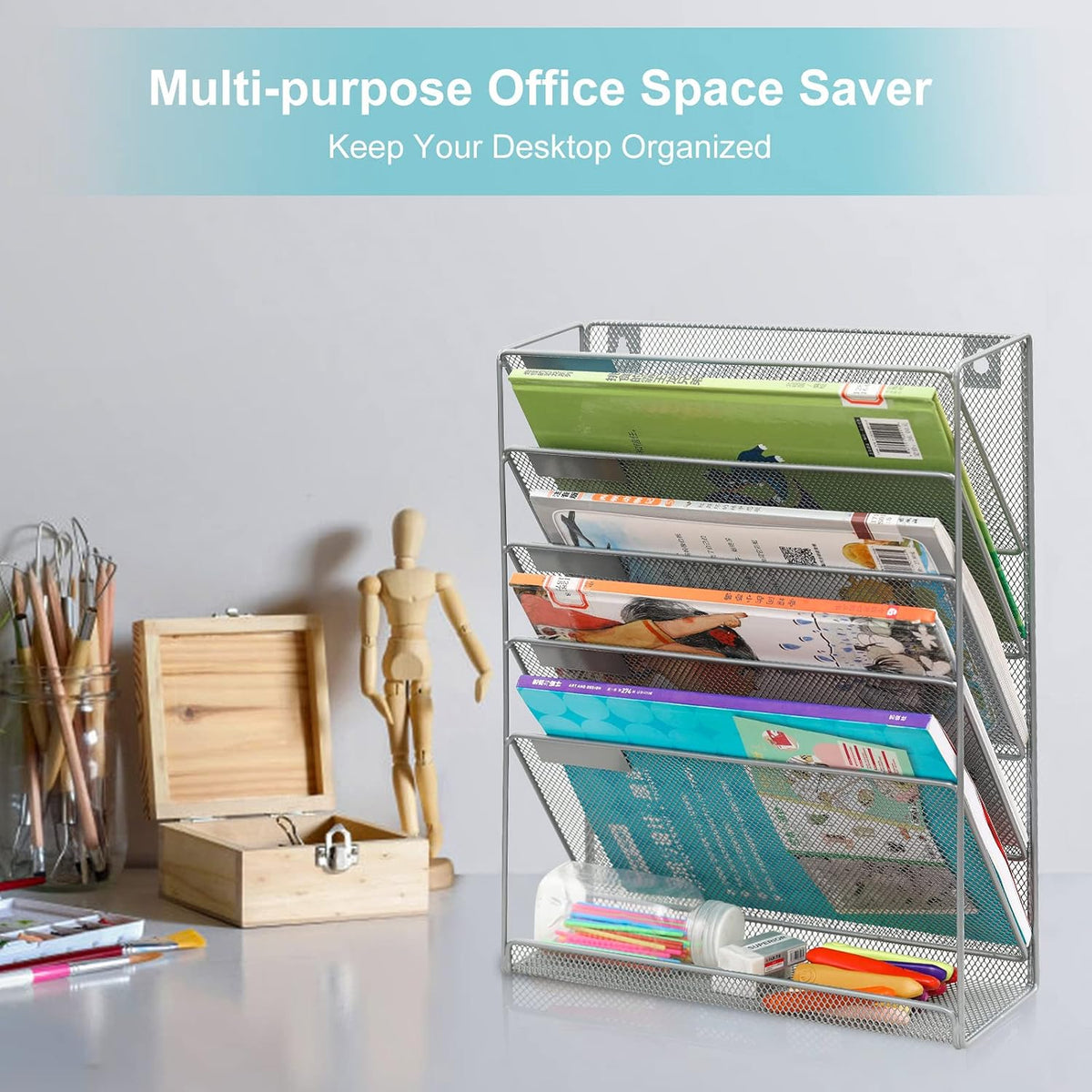 5 Tier Wall File Holder, Mesh Hanging Folder Organizer with Classify Label, Versatile Desk File Holder, Vertical Wall Mounted Mail Organizer for Office Home Cubicle, Black