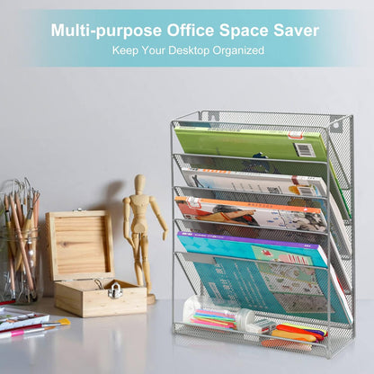 5 Tier Wall File Holder, Mesh Hanging Folder Organizer with Classify Label, Versatile Desk File Holder, Vertical Wall Mounted Mail Organizer for Office Home Cubicle, Black