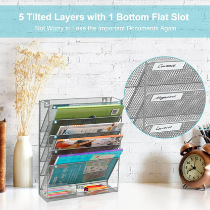 5 Tier Wall File Holder, Mesh Hanging Folder Organizer with Classify Label, Versatile Desk File Holder, Vertical Wall Mounted Mail Organizer for Office Home Cubicle, Black