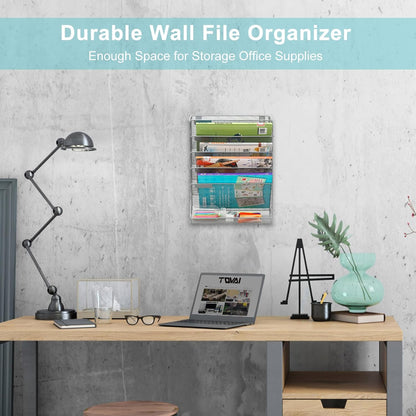 5 Tier Wall File Holder, Mesh Hanging Folder Organizer with Classify Label, Versatile Desk File Holder, Vertical Wall Mounted Mail Organizer for Office Home Cubicle, Black