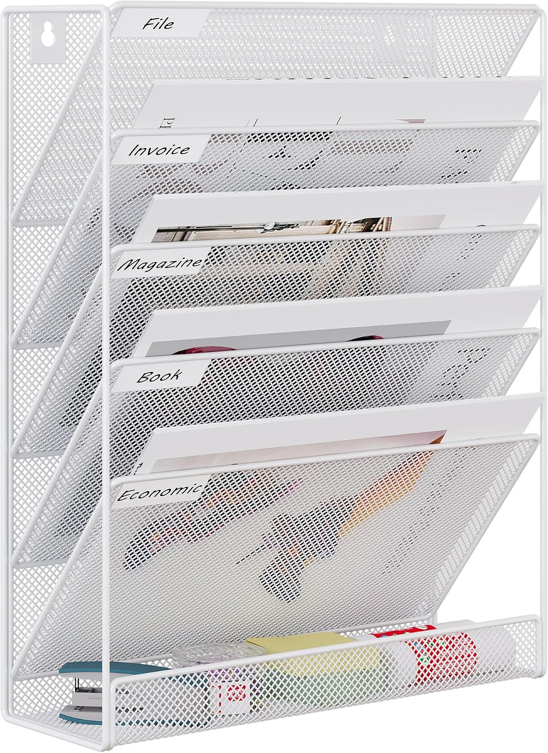 5 Tier Wall File Holder, Mesh Hanging Folder Organizer with Classify Label, Versatile Desk File Holder, Vertical Wall Mounted Mail Organizer for Office Home Cubicle, Black