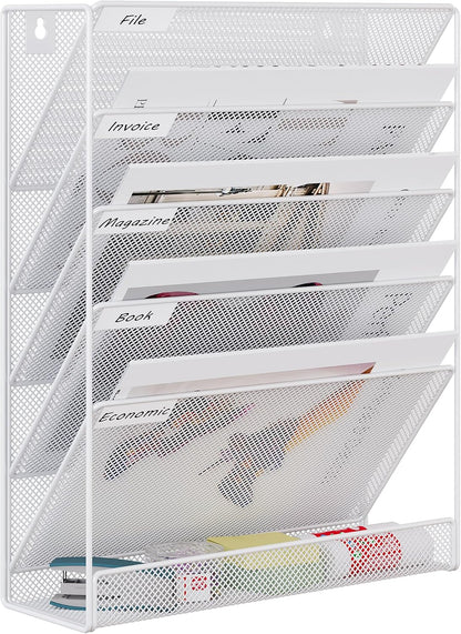 5 Tier Wall File Holder, Mesh Hanging Folder Organizer with Classify Label, Versatile Desk File Holder, Vertical Wall Mounted Mail Organizer for Office Home Cubicle, Black