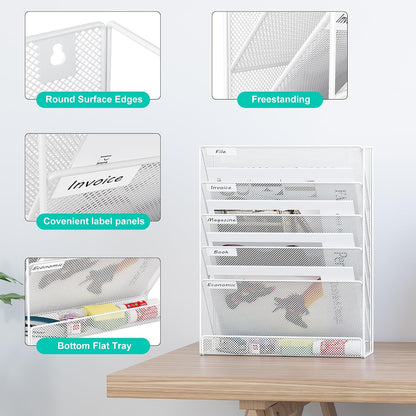 5 Tier Wall File Holder, Mesh Hanging Folder Organizer with Classify Label, Versatile Desk File Holder, Vertical Wall Mounted Mail Organizer for Office Home Cubicle, Black
