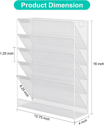 5 Tier Wall File Holder, Mesh Hanging Folder Organizer with Classify Label, Versatile Desk File Holder, Vertical Wall Mounted Mail Organizer for Office Home Cubicle, Black