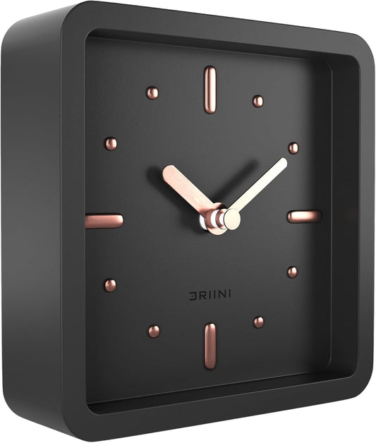 Modern Mid Century Desk & Shelf Clock (Black Rose Gold) - Battery Operated with Silent, Analog Movement – Small Tabletop Clocks for Office – Perfect for Mantle, End Table, Desktop or Nightstand