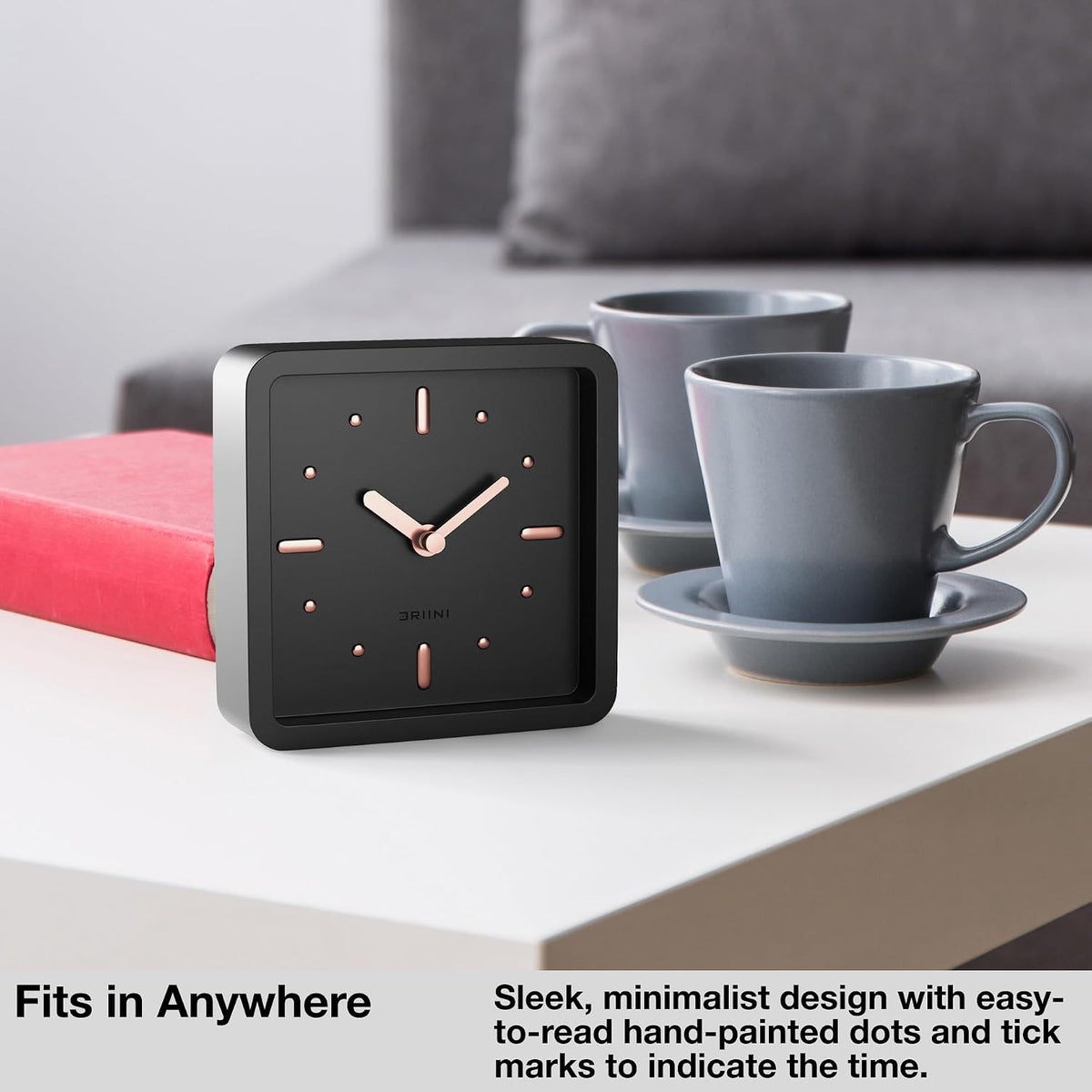 Modern Mid Century Desk & Shelf Clock (Black Rose Gold) - Battery Operated with Silent, Analog Movement – Small Tabletop Clocks for Office – Perfect for Mantle, End Table, Desktop or Nightstand