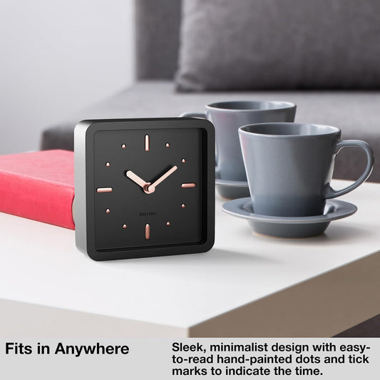 Modern Mid Century Desk & Shelf Clock (Black Rose Gold) - Battery Operated with Silent, Analog Movement – Small Tabletop Clocks for Office – Perfect for Mantle, End Table, Desktop or Nightstand
