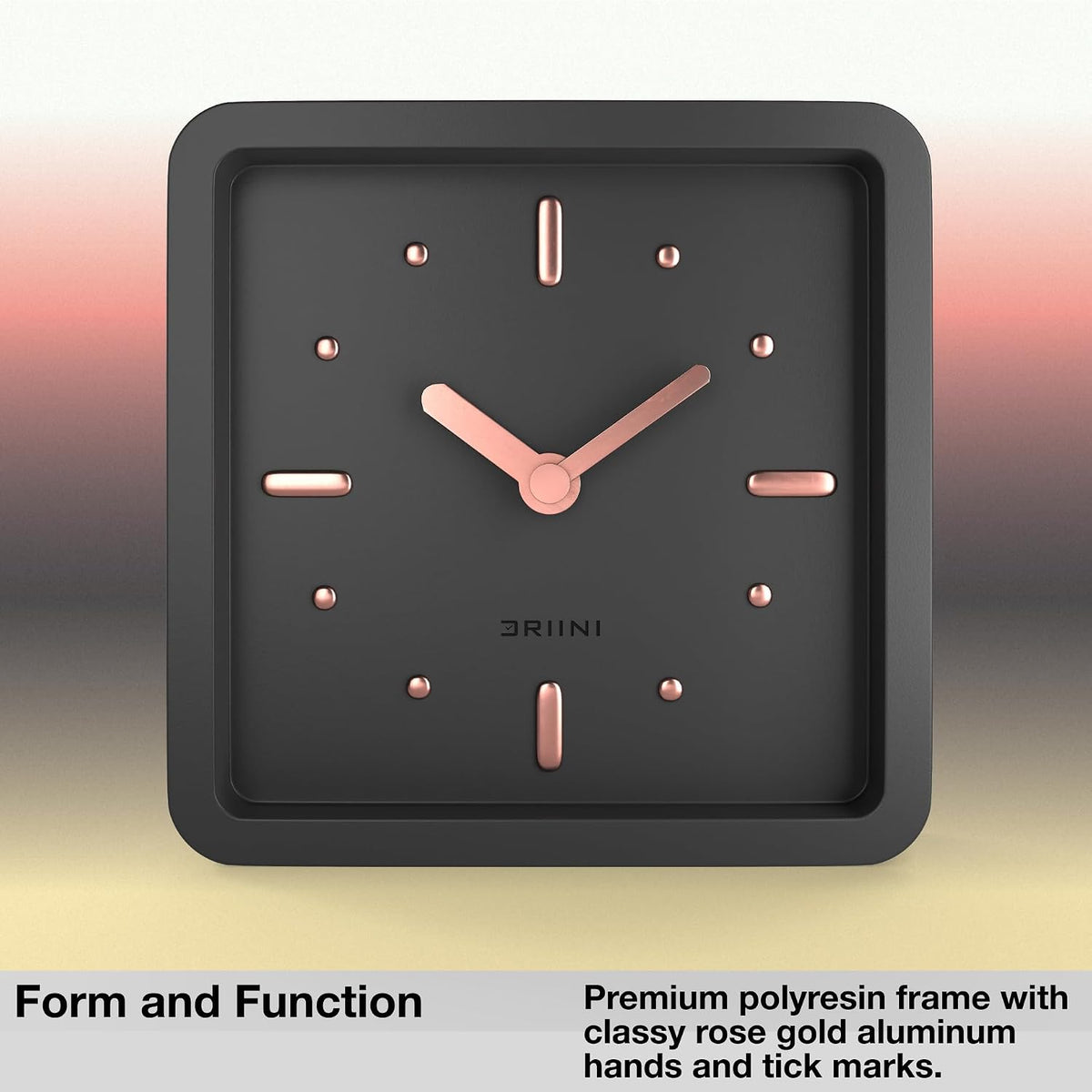 Modern Mid Century Desk & Shelf Clock (Black Rose Gold) - Battery Operated with Silent, Analog Movement – Small Tabletop Clocks for Office – Perfect for Mantle, End Table, Desktop or Nightstand