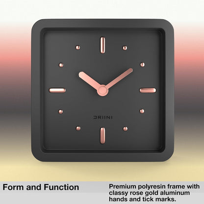 Modern Mid Century Desk & Shelf Clock (Black Rose Gold) - Battery Operated with Silent, Analog Movement – Small Tabletop Clocks for Office – Perfect for Mantle, End Table, Desktop or Nightstand