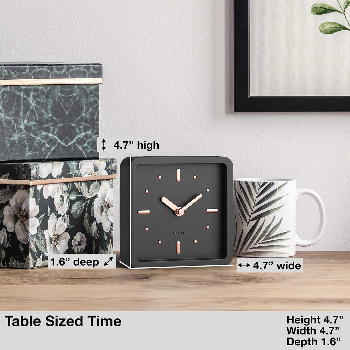Modern Mid Century Desk & Shelf Clock (Black Rose Gold) - Battery Operated with Silent, Analog Movement – Small Tabletop Clocks for Office – Perfect for Mantle, End Table, Desktop or Nightstand