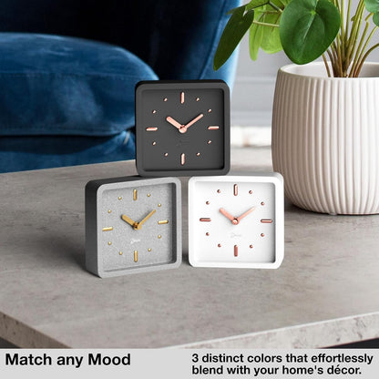 Modern Mid Century Desk & Shelf Clock (Black Rose Gold) - Battery Operated with Silent, Analog Movement – Small Tabletop Clocks for Office – Perfect for Mantle, End Table, Desktop or Nightstand