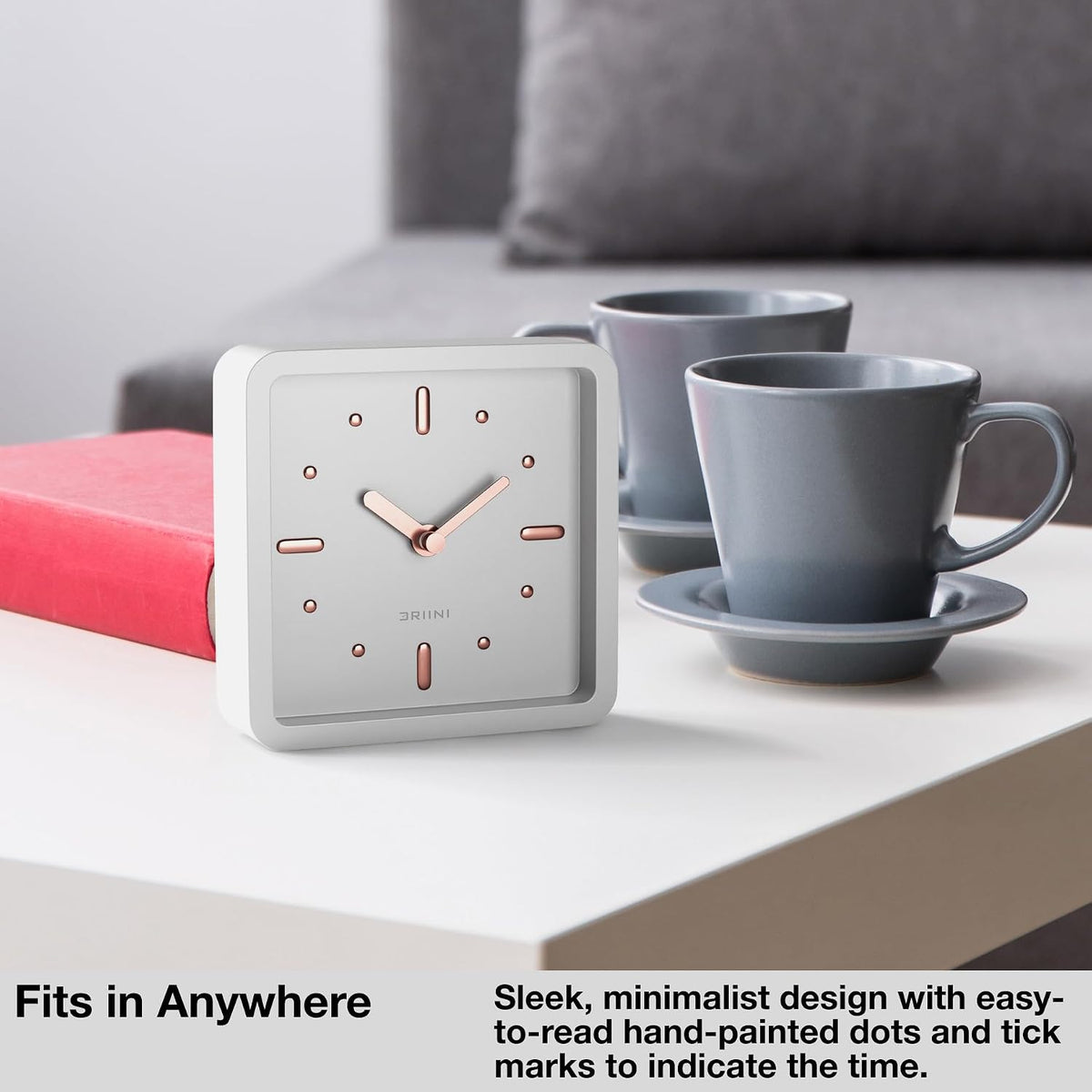 Modern Mid Century Desk & Shelf Clock (Black Rose Gold) - Battery Operated with Silent, Analog Movement – Small Tabletop Clocks for Office – Perfect for Mantle, End Table, Desktop or Nightstand