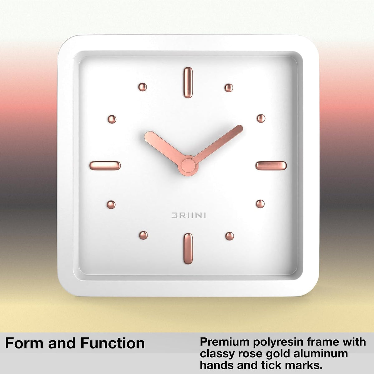 Modern Mid Century Desk & Shelf Clock (Black Rose Gold) - Battery Operated with Silent, Analog Movement – Small Tabletop Clocks for Office – Perfect for Mantle, End Table, Desktop or Nightstand