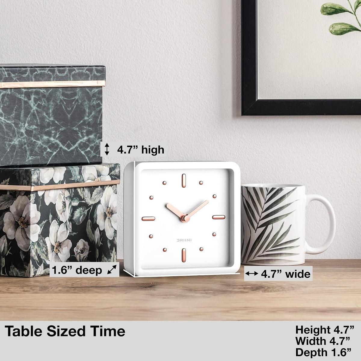 Modern Mid Century Desk & Shelf Clock (Black Rose Gold) - Battery Operated with Silent, Analog Movement – Small Tabletop Clocks for Office – Perfect for Mantle, End Table, Desktop or Nightstand