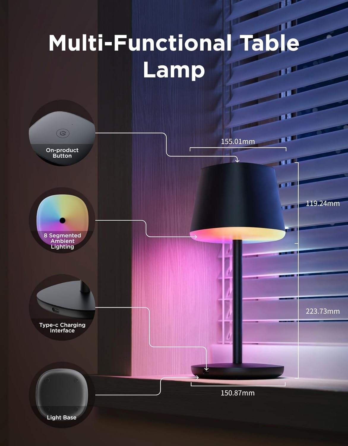 Smart Cordless Table Lamp Classic (No Adapter), RGBIC Desk Lamp