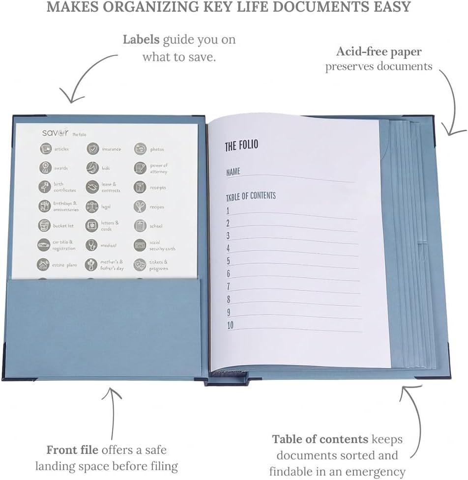 The Folio® Important Document Organizer | Binder with Guided Labels, Acid-Free File Folder Organizer with 10 Pockets, Document Holder for Home Records, Legal and Medical Papers (Blue)