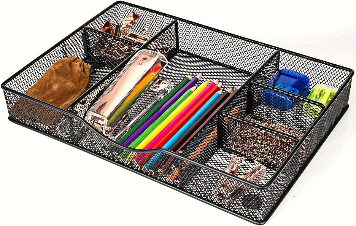 Desk Drawer Organizer Tray, Metal Mesh Drawer Organizers Office, 6 Adjustable Compartment, Desk Organizer Tray for Home Office 12.87L x 8.73D x 1.96H inch, Black, Medium