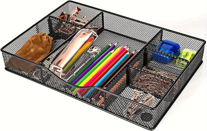 Desk Drawer Organizer Tray, Metal Mesh Drawer Organizers Office, 6 Adjustable Compartment, Desk Organizer Tray for Home Office 12.87L x 8.73D x 1.96H inch, Black, Medium