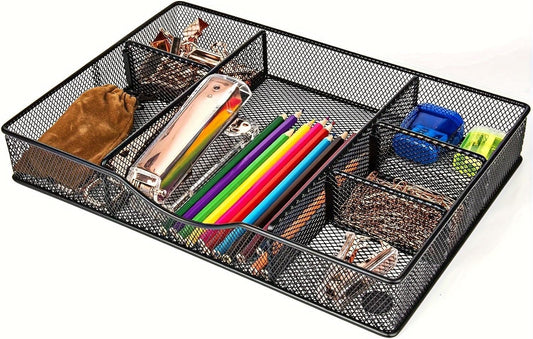 Desk Drawer Organizer Tray, Metal Mesh Drawer Organizers Office, 6 Adjustable Compartment, Desk Organizer Tray for Home Office 12.87L x 8.73D x 1.96H inch, Black, Medium