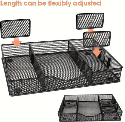 Desk Drawer Organizer Tray, Metal Mesh Drawer Organizers Office, 6 Adjustable Compartment, Desk Organizer Tray for Home Office 12.87L x 8.73D x 1.96H inch, Black, Medium