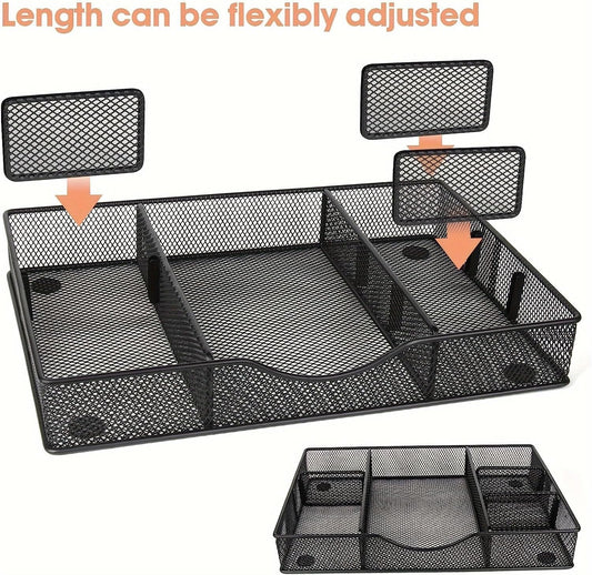 Desk Drawer Organizer Tray, Metal Mesh Drawer Organizers Office, 6 Adjustable Compartment, Desk Organizer Tray for Home Office 12.87L x 8.73D x 1.96H inch, Black, Medium