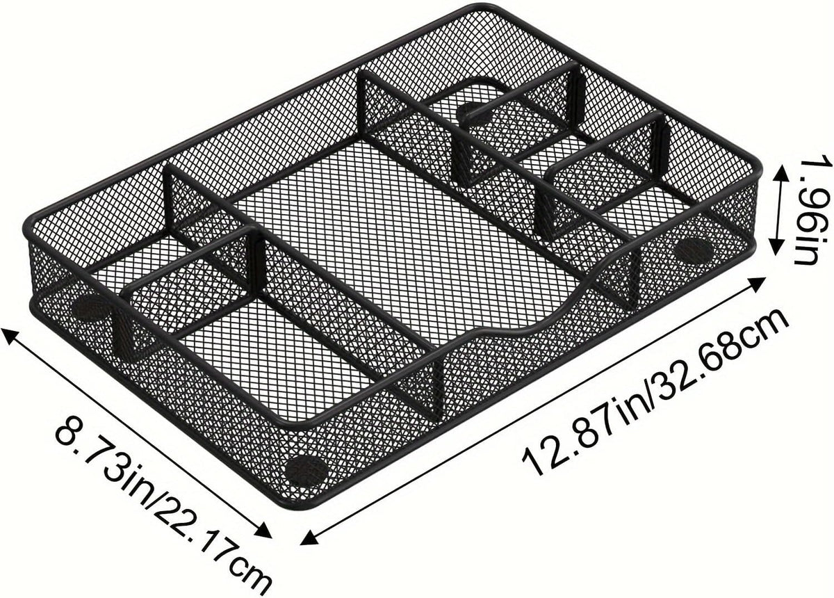 Desk Drawer Organizer Tray, Metal Mesh Drawer Organizers Office, 6 Adjustable Compartment, Desk Organizer Tray for Home Office 12.87L x 8.73D x 1.96H inch, Black, Medium