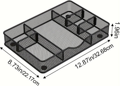 Desk Drawer Organizer Tray, Metal Mesh Drawer Organizers Office, 6 Adjustable Compartment, Desk Organizer Tray for Home Office 12.87L x 8.73D x 1.96H inch, Black, Medium