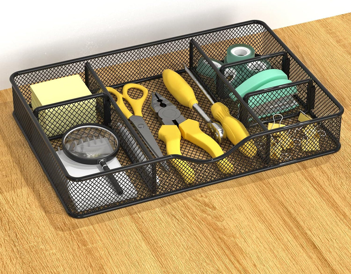 Desk Drawer Organizer Tray, Metal Mesh Drawer Organizers Office, 6 Adjustable Compartment, Desk Organizer Tray for Home Office 12.87L x 8.73D x 1.96H inch, Black, Medium