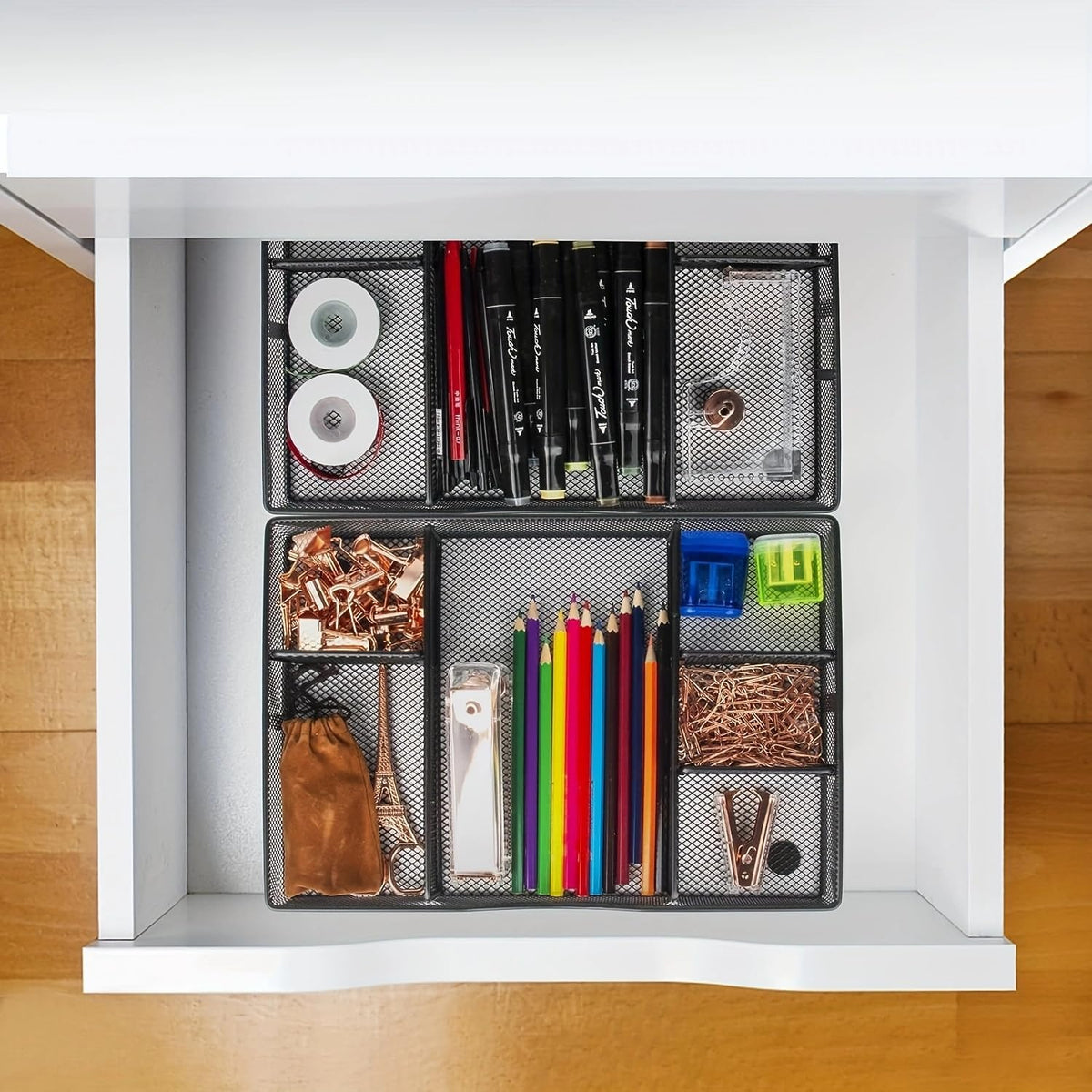 Desk Drawer Organizer Tray, Metal Mesh Drawer Organizers Office, 6 Adjustable Compartment, Desk Organizer Tray for Home Office 12.87L x 8.73D x 1.96H inch, Black, Medium