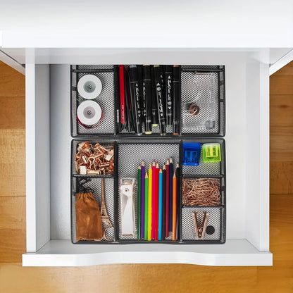 Desk Drawer Organizer Tray, Metal Mesh Drawer Organizers Office, 6 Adjustable Compartment, Desk Organizer Tray for Home Office 12.87L x 8.73D x 1.96H inch, Black, Medium