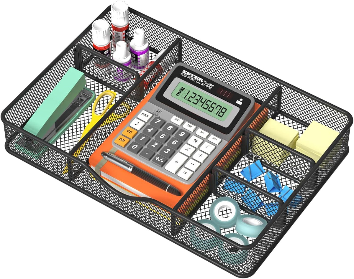 Desk Drawer Organizer Tray, Metal Mesh Drawer Organizers Office, 6 Adjustable Compartment, Desk Organizer Tray for Home Office 12.87L x 8.73D x 1.96H inch, Black, Medium
