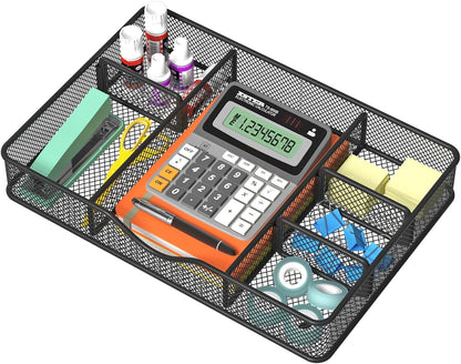 Desk Drawer Organizer Tray, Metal Mesh Drawer Organizers Office, 6 Adjustable Compartment, Desk Organizer Tray for Home Office 12.87L x 8.73D x 1.96H inch, Black, Medium