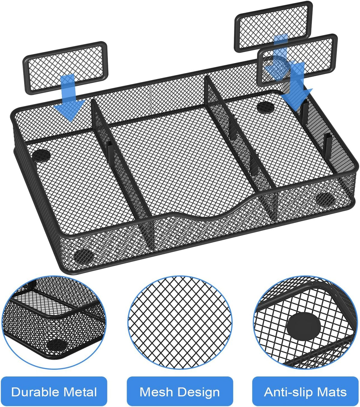 Desk Drawer Organizer Tray, Metal Mesh Drawer Organizers Office, 6 Adjustable Compartment, Desk Organizer Tray for Home Office 12.87L x 8.73D x 1.96H inch, Black, Medium